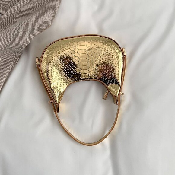 Gold Elegant Women's Metallic Embossed Hobo Bag Solid Color Shoulder Bag - Picture 2 of 4